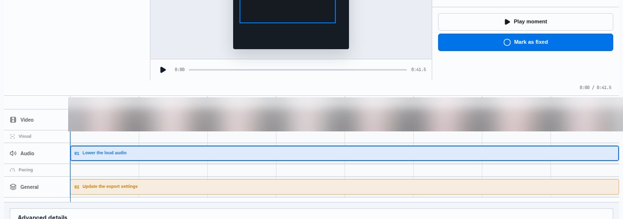Verifacta timeline with a blurred video filmstrip and separate tracks for visual, audio, pacing, and general findings.
